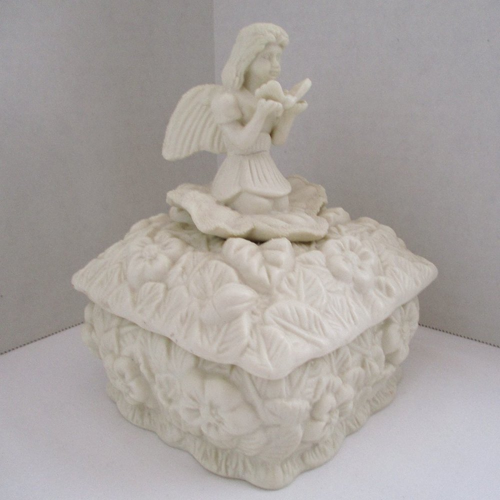 Large Vintage Ornate Unglazed Porcelain Trinket - Jewelry Box w/ Angel Lid 6.5"